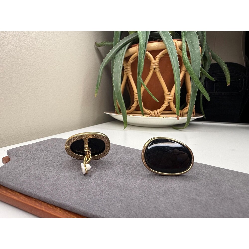 Vintage Black Cabochon Gold Clip On Earrings Minimalist Oval Statement 80s 90s - Picture 5 of 9